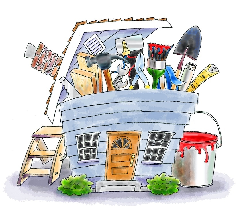 Cartoon illustration of a house full of home project items